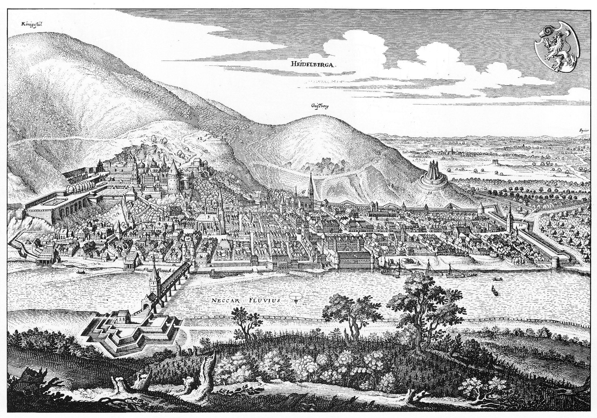 Heidelberg - Heiliggeistkirche - Kupferstich "Ansicht der Stadt Heidelberg" von Matthäus Merian d.Ä., um 1645 (Quelle: Wikimedia Commons) Heidelberg - Heiliggeistkirche - Kupferstich "Ansicht der Stadt Heidelberg" von Matthäus Merian d.Ä., um 1645 (Quelle: Wikimedia Commons)