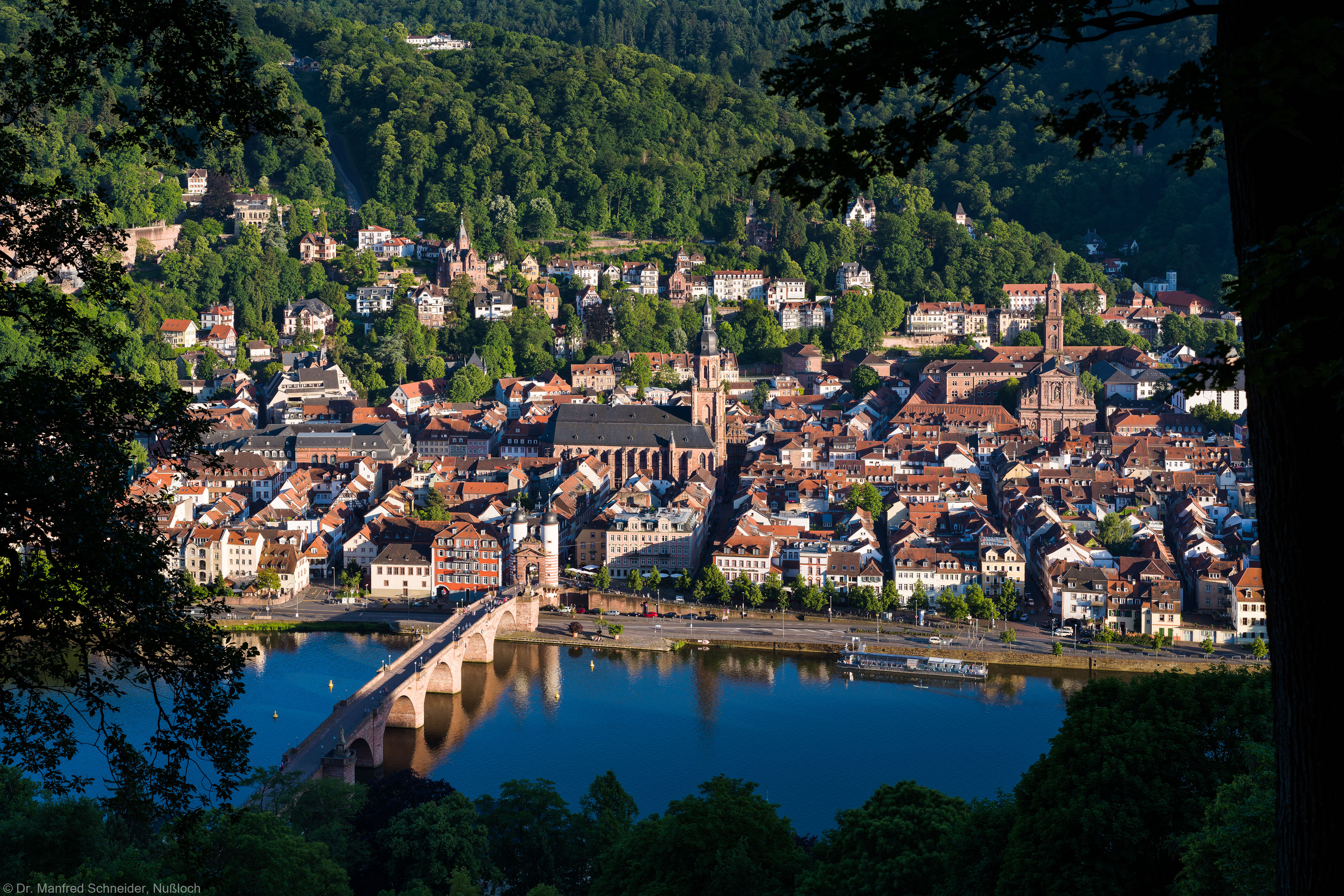 Heidelberg - Heiliggeistkirche - Nordseite - Blick vom Oberen Philosophenweg (direkt unterhalb der Meriankanzel) auf Heidelberg, die Alte Brücke und die Heiliggeistkirche (ähnlich einem Ausschnitt des Kupferstichs "Große Stadtansicht Heidelbergs" von Matthäus Merian von 1620) (aufgenommen im Juni 2015, am frühen Abend ) Heidelberg - Heiliggeistkirche - Nordseite - Blick vom Oberen Philosophenweg (direkt unterhalb der Meriankanzel) auf Heidelberg, die Alte Brücke und die Heiliggeistkirche (ähnlich einem Ausschnitt des Kupferstichs "Große Stadtansicht Heidelbergs" von Matthäus Merian von 1620) (aufgenommen im Juni 2015, am frühen Abend )