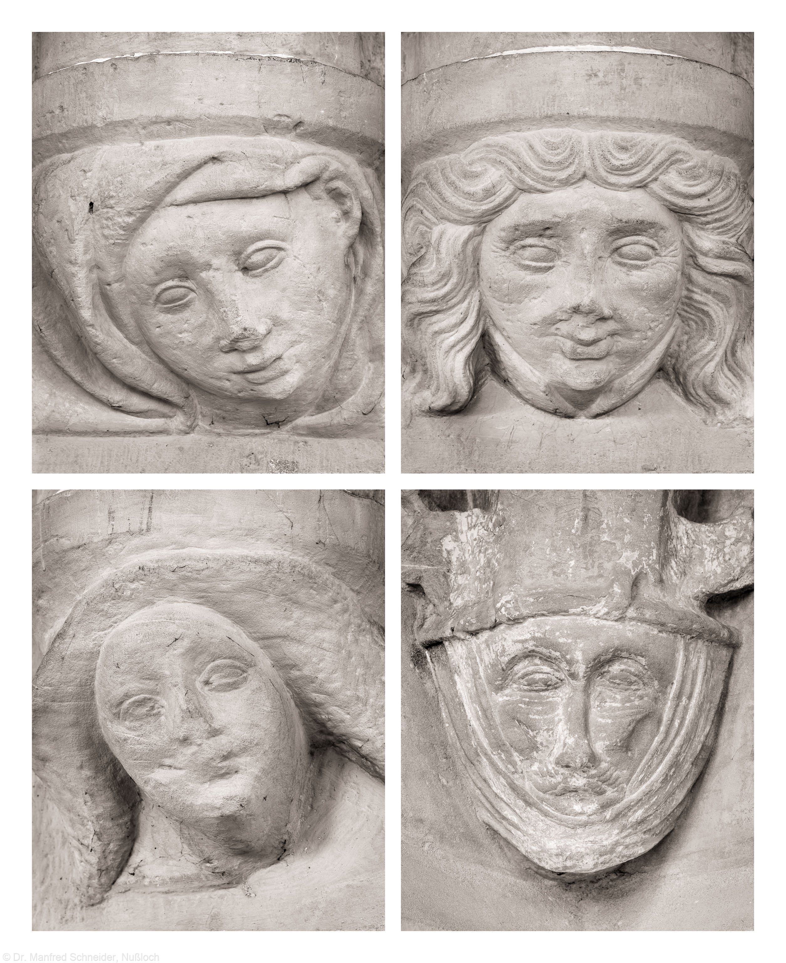 Heidelberg - Heiliggeistkirche - Nordempore - v.l.n.r., v.o.n.u: 1. bis 3. Figur am unteren Dienstabschluß der Nordseite, von Westen aus gezählt, Figur am unteren Dienstabschluß der Südostseite (aufgenommen im Juni 2015, am späten Vormittag)