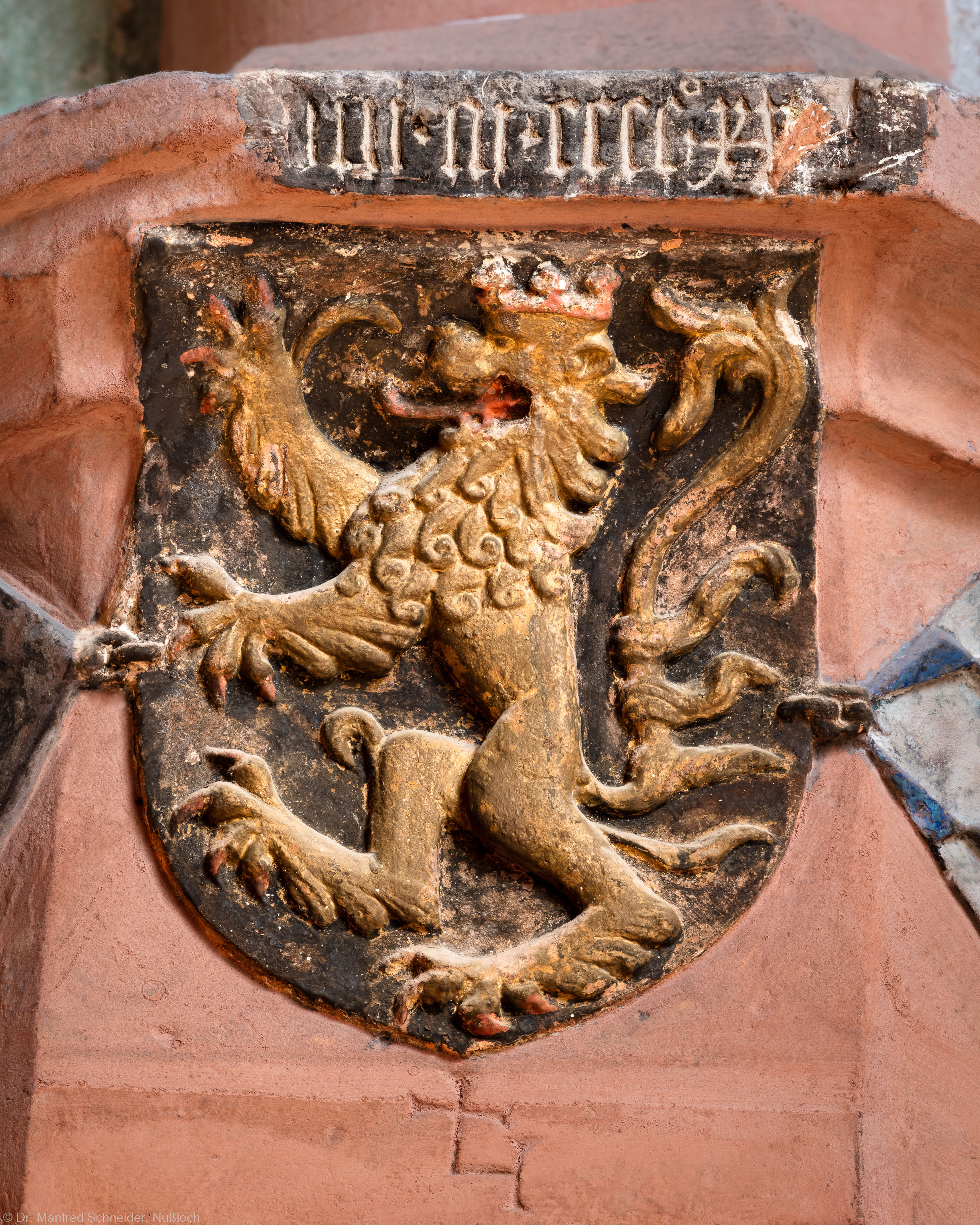 Heidelberg - Heiliggeistkirche - Südschiff - Nordost-Pfeiler - Wappen mit Pfälzer Löwen und Wappen des Hauses Wittelsbach (aufgenommen im Oktober 2015, am frühen Nachmittag)